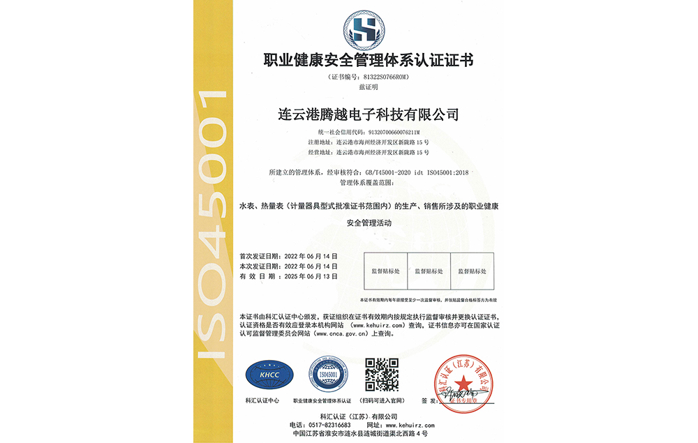 騰越ISO45001職業健康安全管理體系認證證書
